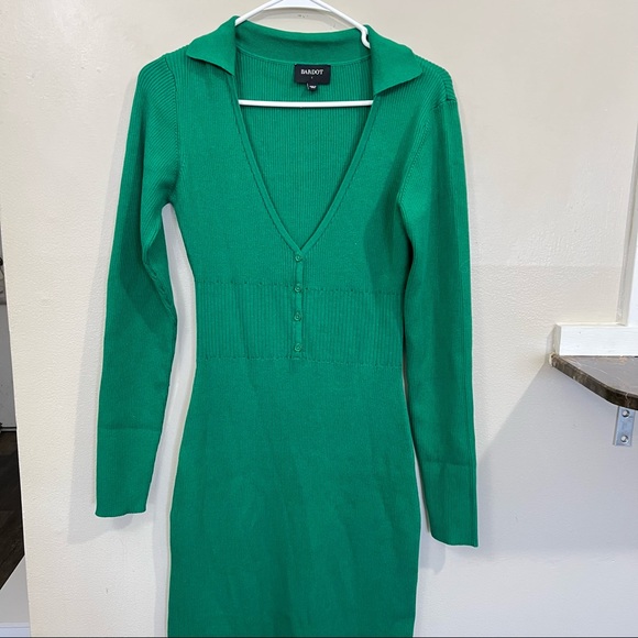 Bardot Collar Knit Long Sleeve Rib Sweater midi Dress in Bright green Size L - Picture 14 of 15